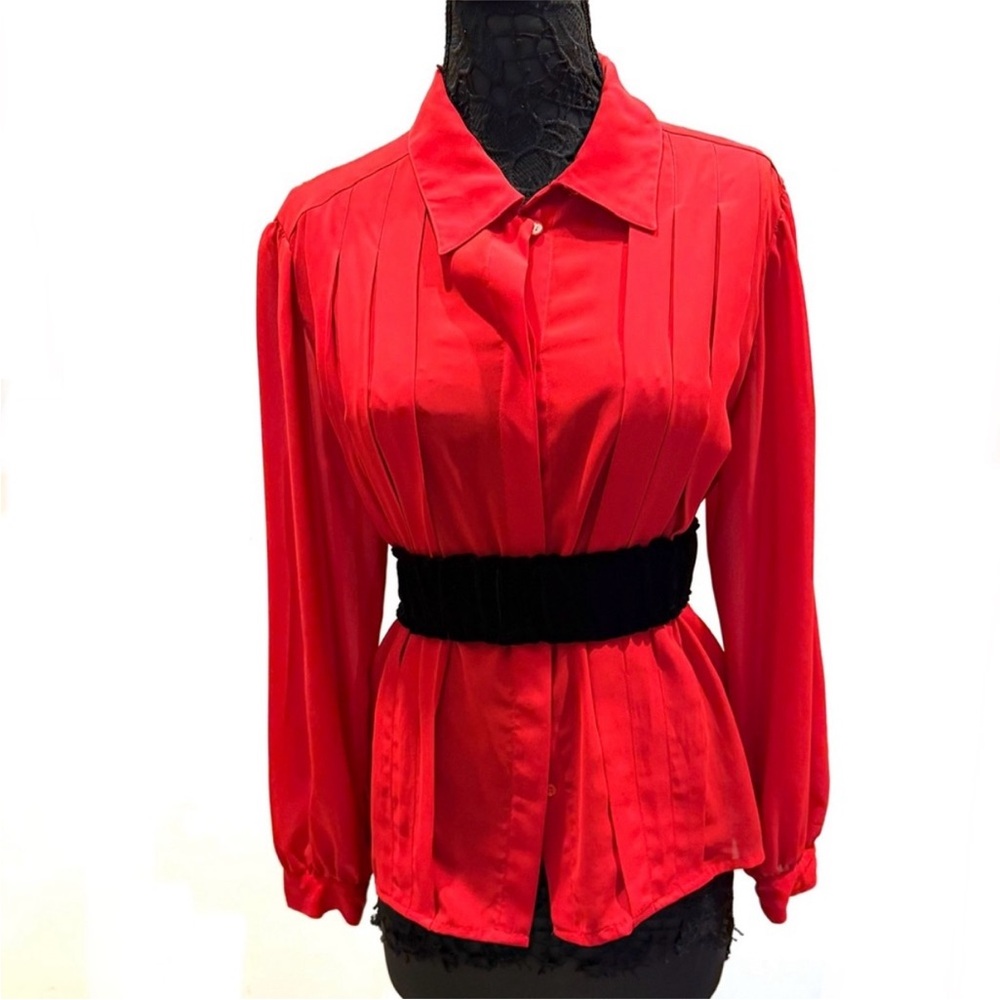 Vintage Chiffon pleated long sleeve button down blouse